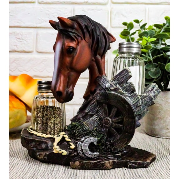 Ebros Chestnut Horse by Wagon Wheel Salt Pepper Shakers Holder Set 6.25" H