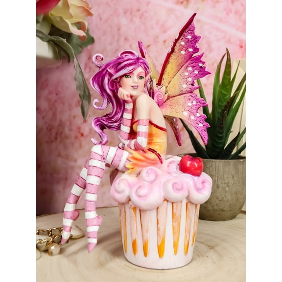 Ebros Colorful Amy Brown Pink Cherry Cupcake Fairy Statue Sweet Tooth Collection