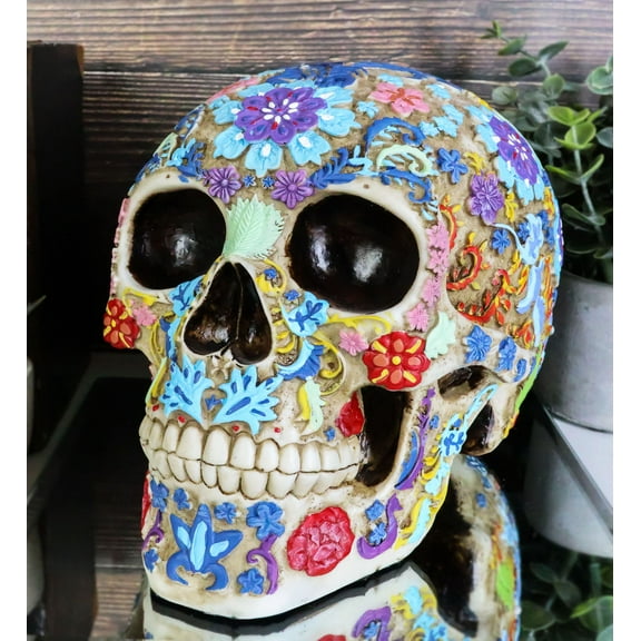 Ebros Gift Day of The Dead Floral Sugar Skull 6.5" Statue Skeleton Head Sculpture, Hand-painted