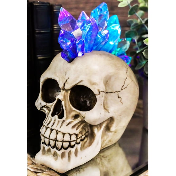 Ebros Colorful LED Light Mohawk Crystal Hair Cranium Skull Figurine 7" Long