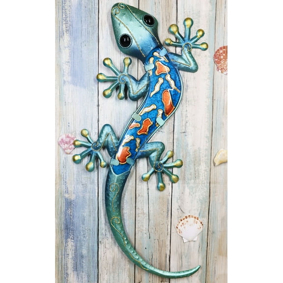 Ebros Crawling Green Metal Lizard Gecko with Blue Glass Body Wall Decor 18.5"L