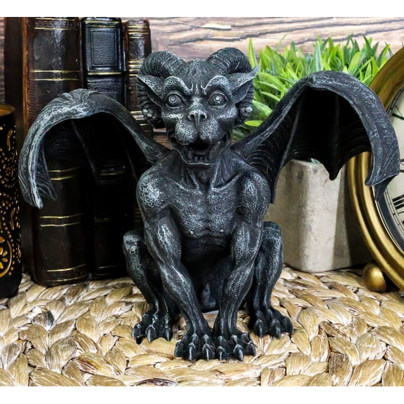 Ebros Crouching Ram Horned Gargoyle Statue in Faux Stone Finish Resin 6.25" Tall