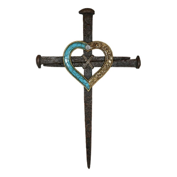 Ebros Crucifix Driven Nails with Heart Center Wall Cross Decor Plaque 16.5"H