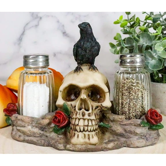 Ebros Day Of The Dead Raven Crow W/ Rose Skull Salt & Pepper Shakers Holder Set