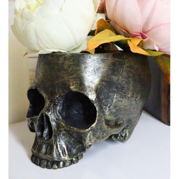 Ebros Day Of The Dead Skull Bowl Resin 7"Long Bowl Bronze Finish Decorative