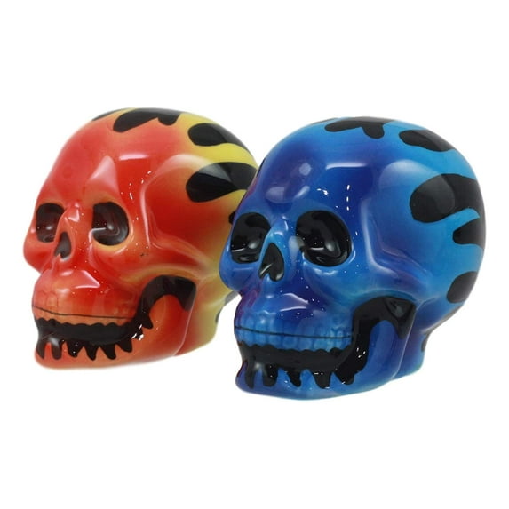 Ebros Day of The Dead Hot Rod Flame Skull Salt and Pepper Shakers Set Ceramic Sugar Skulls