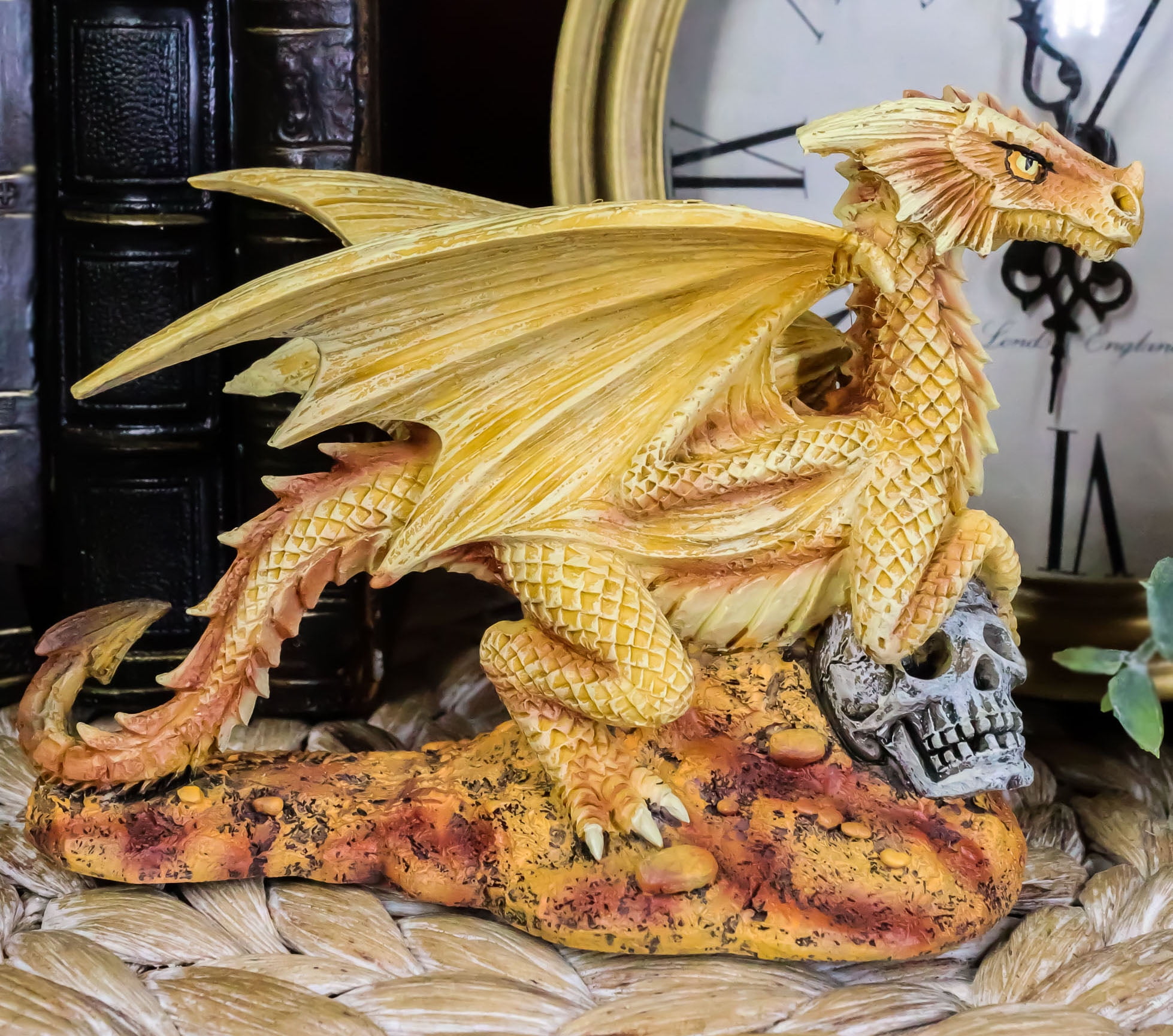 Desert Sand Baby Dragon Statue with Skull in Resin