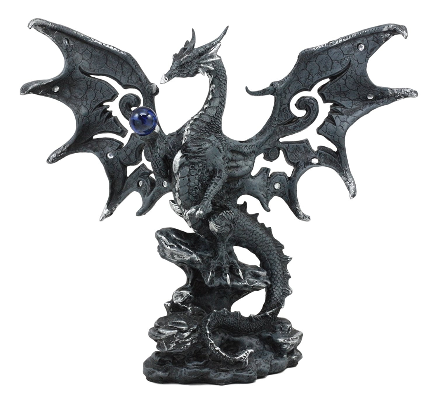 Ebros Draco Gothic Dragon Sculpture with Wings & Blue Orb, 8