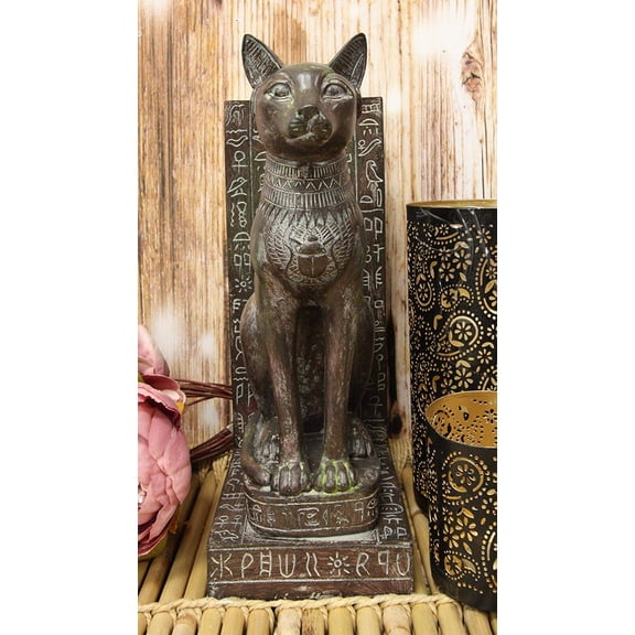 Ebros Egyptian Bastet Bookend Statue Or Hieroglyphic Epitaph Figurine 14" Tall