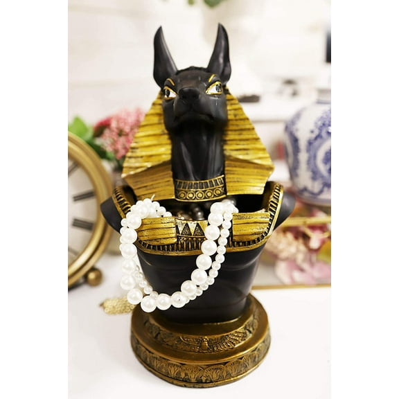 Ebros Egyptian God Anubis Bust Decorative Box Figurine in Black and Gold Finish