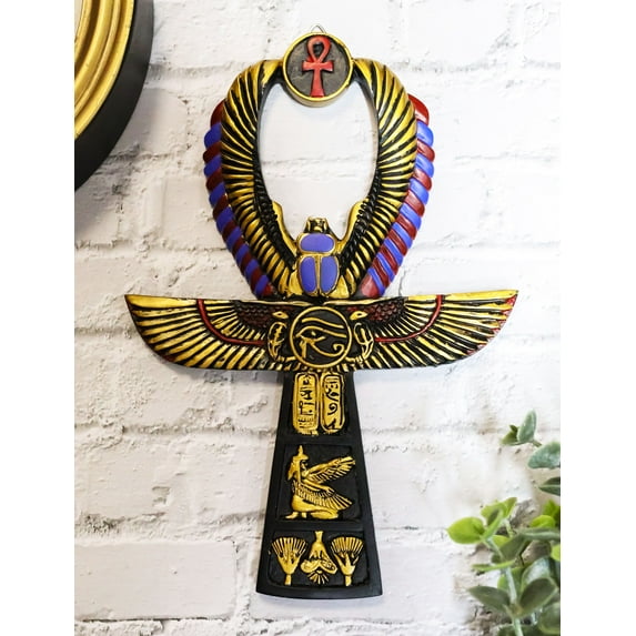 Ebros Egyptian Golden Ankh Scarab Maat and Eye of Horus Wall Decor Figurine 8" H