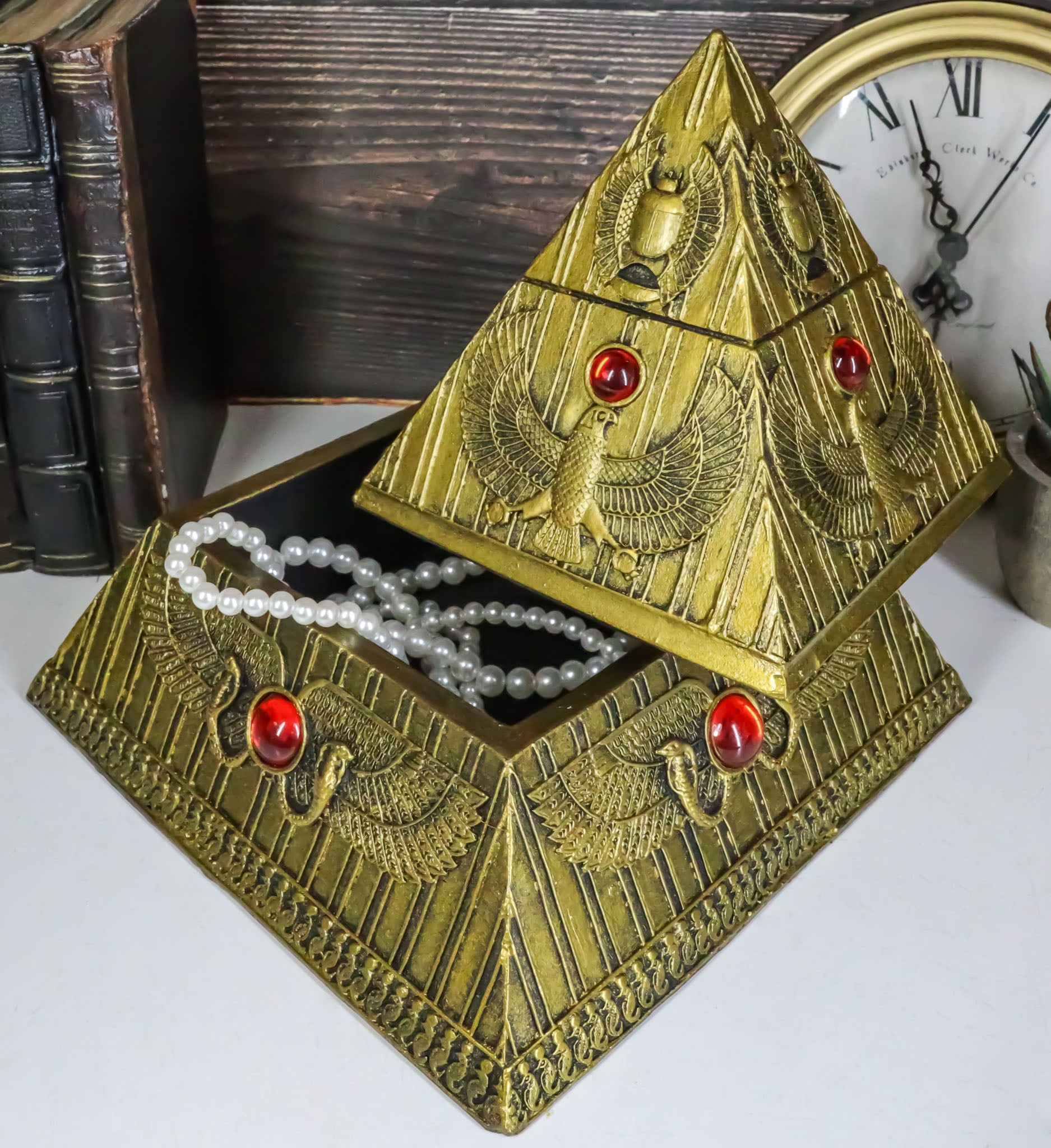 Ebros Egyptian Golden Winged Scarab Falcon Pyramid Jewelry Box Figurine 7.25"H