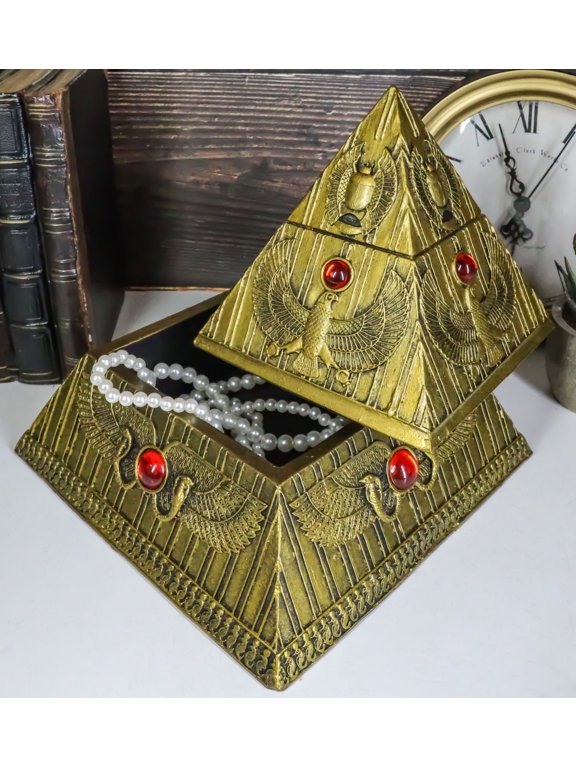 Ebros Egyptian Golden Winged Scarab Falcon Pyramid Jewelry Box Figurine 7.25"H
