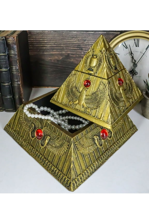 Ebros Egyptian Golden Winged Scarab Falcon Pyramid Jewelry Box Figurine 7.25"H