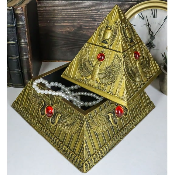 Ebros Egyptian Golden Winged Scarab Falcon Pyramid Jewelry Box Figurine 7.25"H