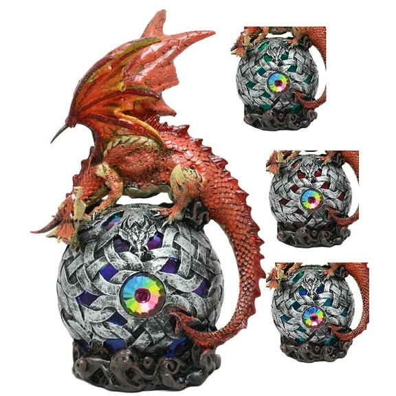 Ebros Elemental Red Fire Flaming Dragon Perching On LED Gyrosphere Orb Night Light Statue 8.5" Tall Home Decor Dragon Figurine