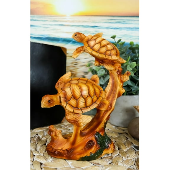 Ebros Exploring Sea Turtles Decor Statue 9" H Faux Wood Resin Finish Marine Life