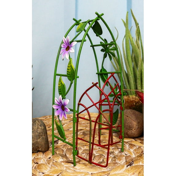 Ebros Fairy Garden Miniature Floral Trellis Arch Swing Door Gate Metal 6.5"H