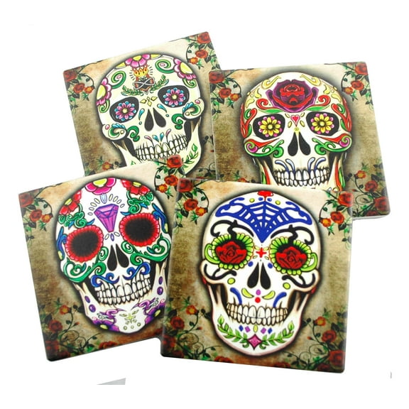 Ebros Fancy Sugar Skulls Day Of The Dead Ceramic Coaster Set of 4 Tiles