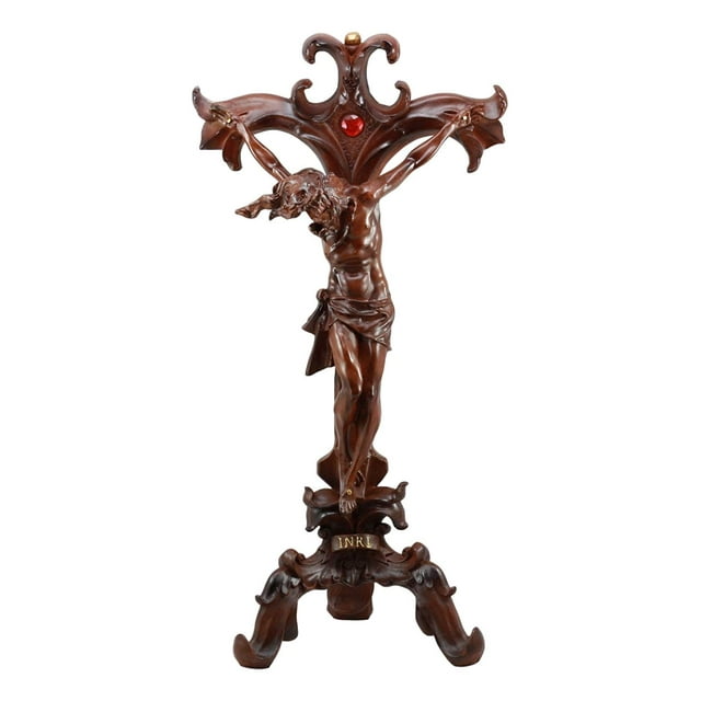 Ebros Faux Mahogany Wood Finish Large Jesus Christ Crucifix Stand Statue 23" Tall