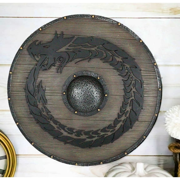 Ebros Faux Wood Fire Wheel Dragon Battleworn Viking Warrior Shield Wall Plaque