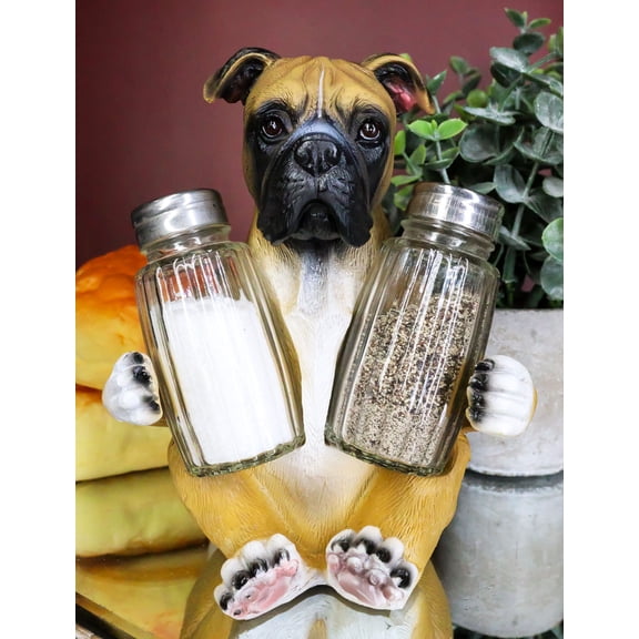 Ebros Fawn Boxer Puppy Dog Hugging Glass Salt Pepper Shakers Holder 6.25"High