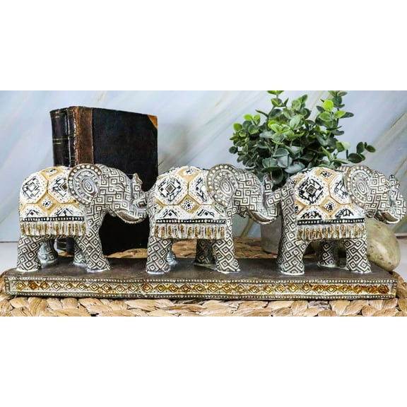 Ebros Feng Shui 3 Silver Geometric Elephants Statue W/ Tapestry Blanket Design