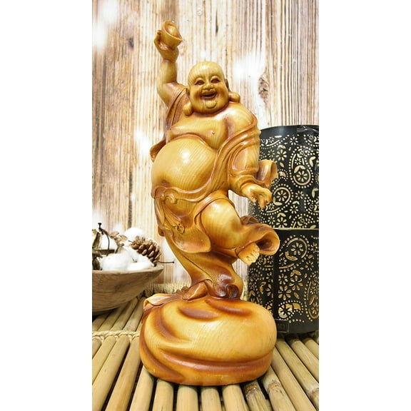 Ebros Feng Shui Hotei Dancing Buddha with Gold Ingot and Money Bag Statue 11" H