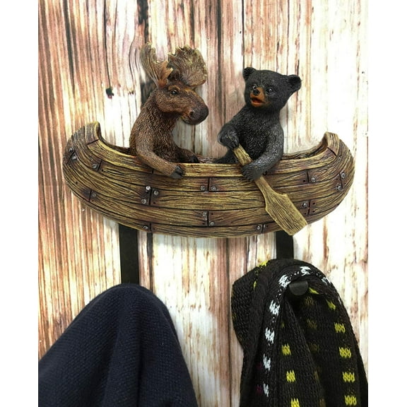 Ebros Forest Creek Buddies Rustic Black Bear and Elk Moose On Canoe Wall Hooks
