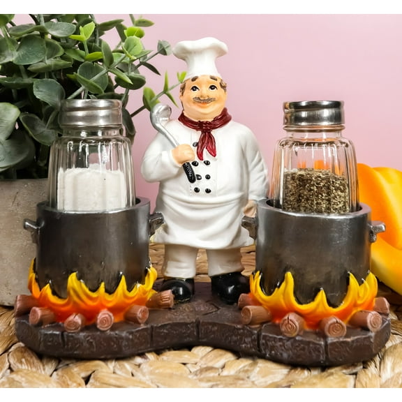 Ebros French Chef with Flaming Double Cauldron Pots Salt & Pepper Shakers Holder