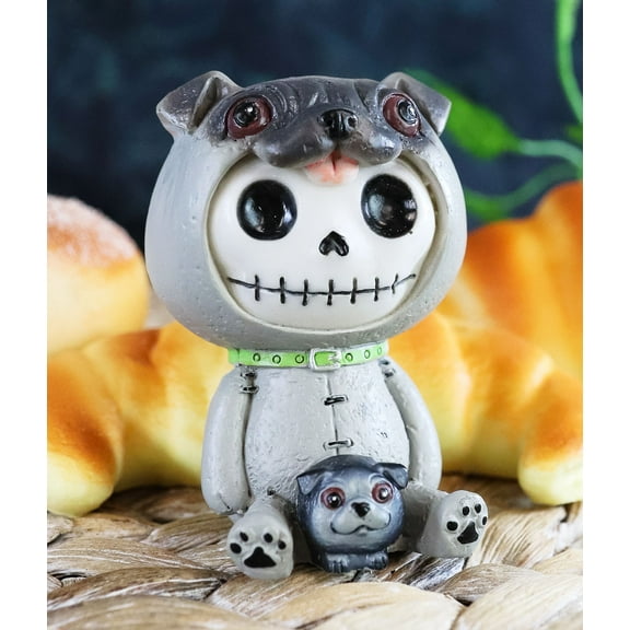 Ebros Furry Bones Pugsley Grey Pug Costume Skeleton Monster Sitting Up Figurine