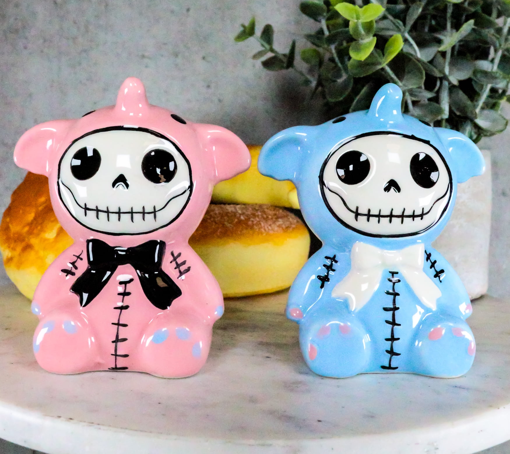 Furrybones Pink and Blue Ceramic Elephant Salt and Pepper Shakers