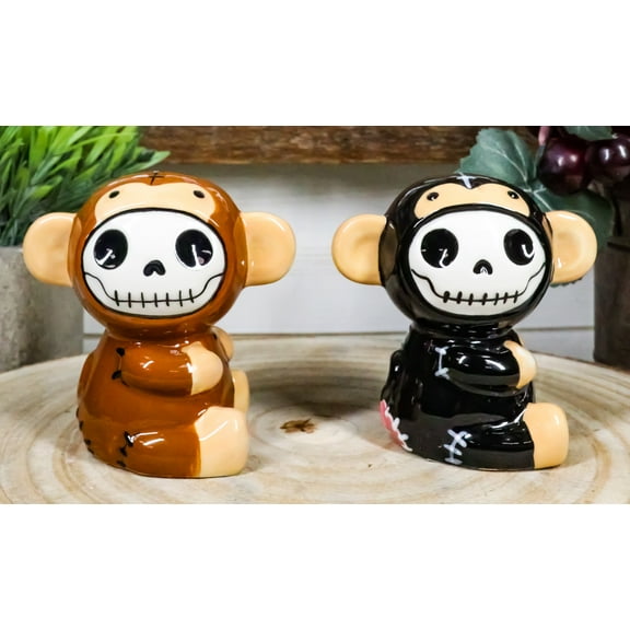 Ebros Furrybones Twins Voodoo Skeleton Monkeys Ceramic Salt Pepper Shakers Set