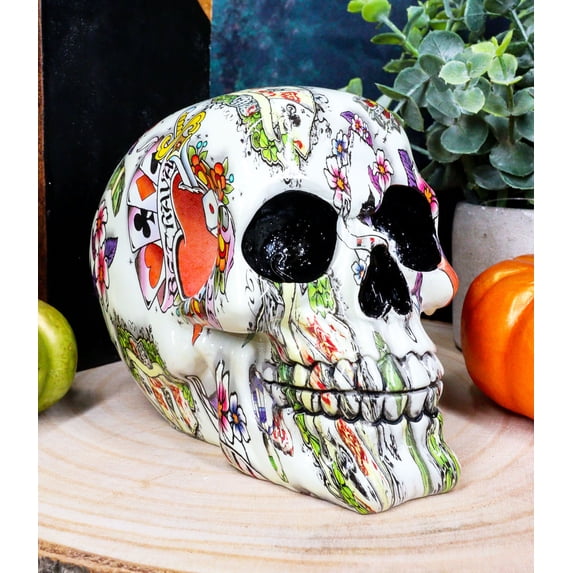 Ebros Gambler Playing Cards Poker Face Floral Tattoo Sugar Skull Statue 5.5"L
