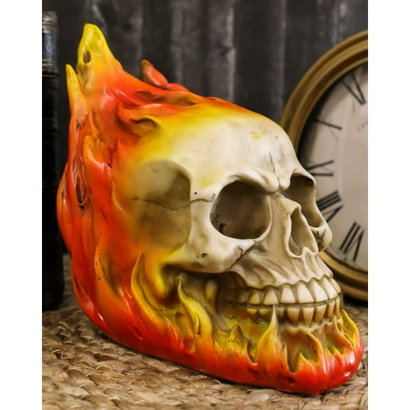 Ebros Ghost Rider Skull with Fire Flame Skeleton Figurine Halloween Decor 6"L