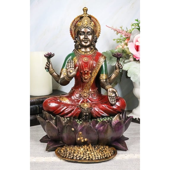 Ebros Gift 12.25" Goddess Lakshmi Statue, Seated on Lotus Throne, Hand-Painted Resin, Multicolor