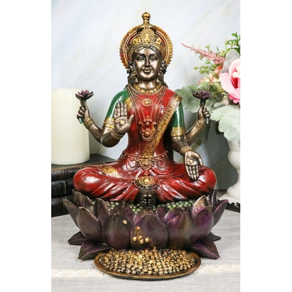 Ebros Gift 12.25" Goddess Lakshmi Statue, Seated on Lotus Throne, Hand-Painted Resin, Multicolor