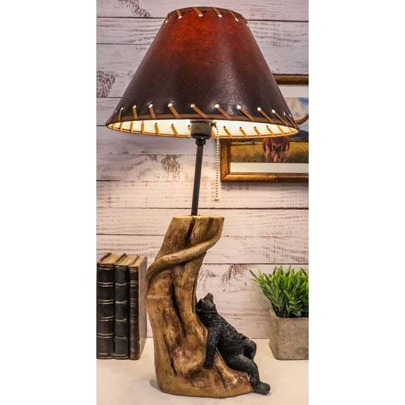 Ebros Gift 225" Rustic Black Bear Pull Chain Log Table Lamp with Black Lace Trim Shade
