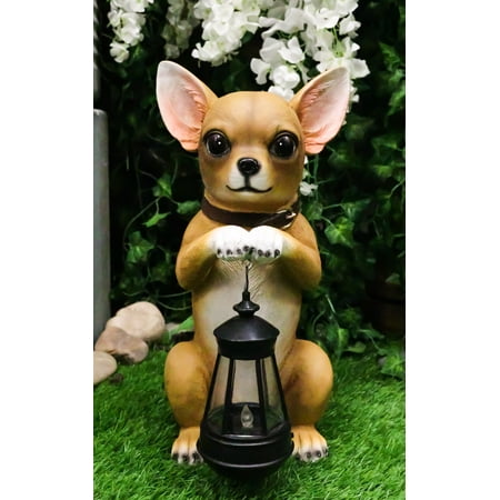 Ebros Gift Chihuahua Dog On Two Legs Statue with Solar LED Lantern Lamp 14" Tall