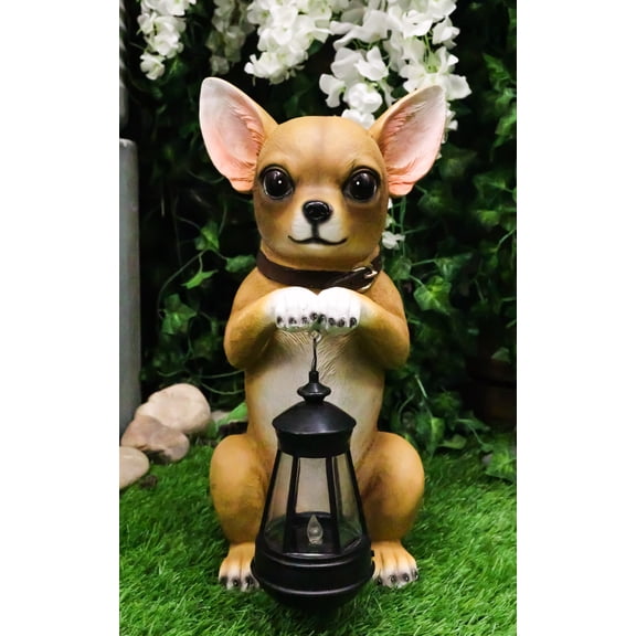 Ebros Gift Chihuahua Dog On Two Legs Statue with Solar LED Lantern Lamp 14" Tall