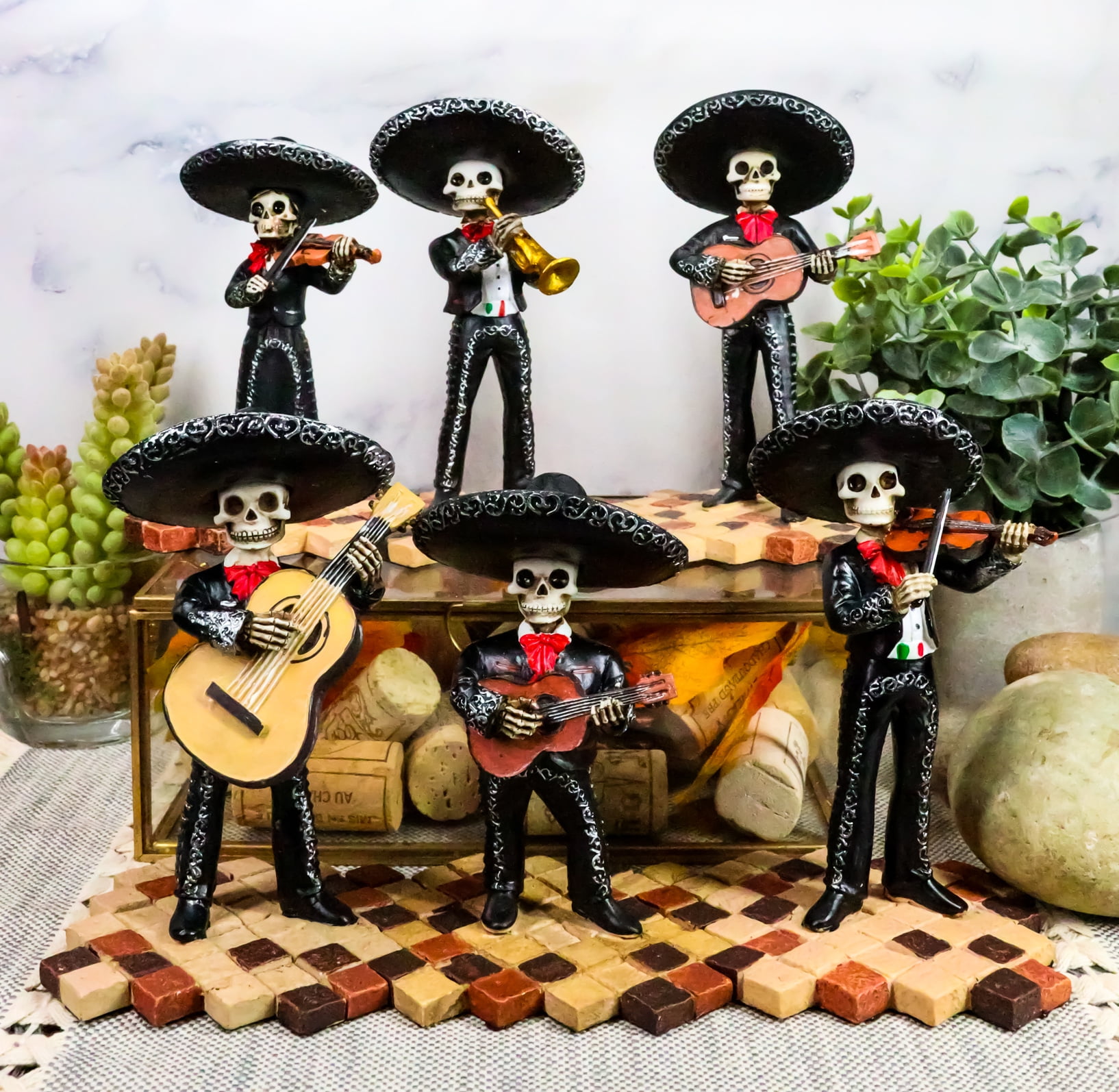 Ebros Gift Day of The Dead 5.5” Black Mariachi Band Skeleton Figurines "Set of" 6