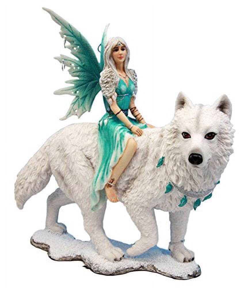 Aneira Frost Fairy with White Wolf Resin Statue