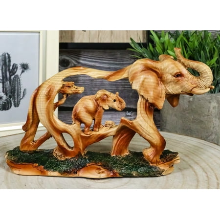 Ebros Gift Faux Wood Elephant Family Migration 4.5 inch Garden Statue