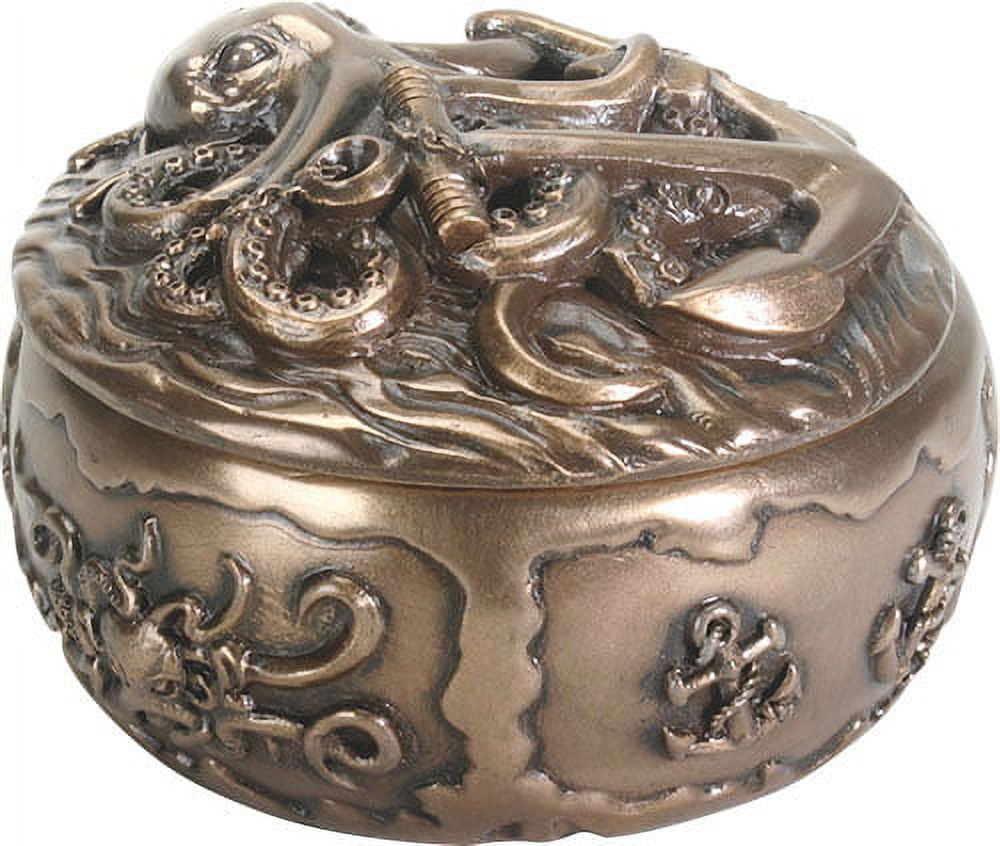 Ebros Gift Kraken Octopus Decorative Round Jewelry Box 4" Diameter Figurine Nautical Anchor Giant Sea Monster Bronze Finish Resin