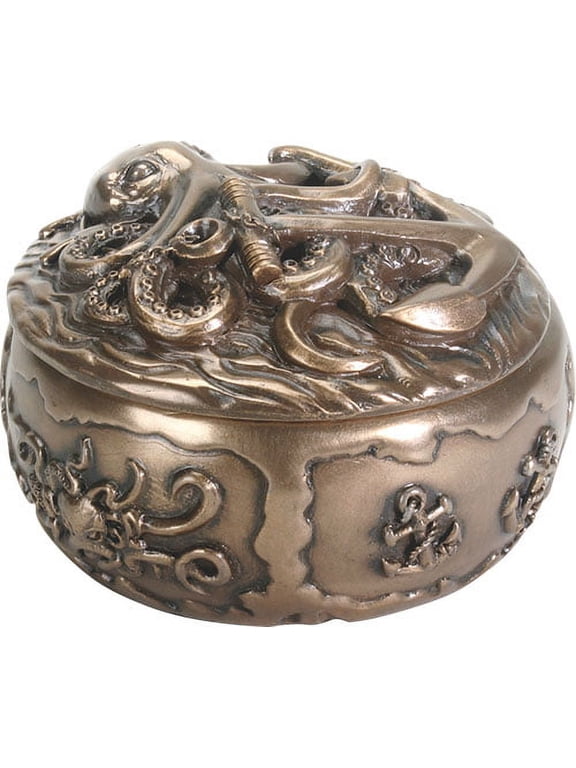Kraken Octopus Decorative Round Jewelry Box 4" Diameter Figurine Nautical Anchor Giant Sea Monster Bronze Finish Resin