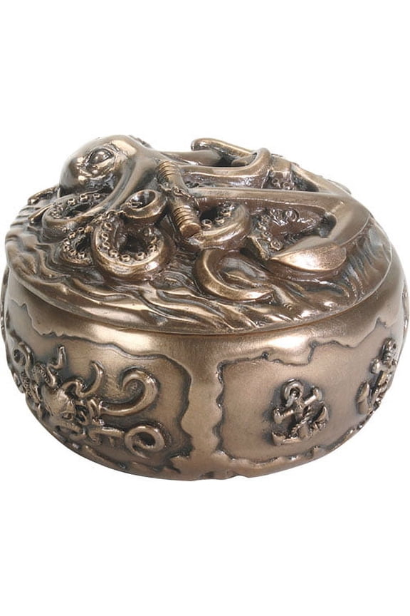 Kraken Octopus Decorative Round Jewelry Box 4" Diameter Figurine Nautical Anchor Giant Sea Monster Bronze Finish Resin