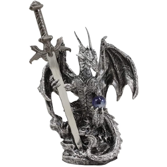 Ebros Gift Legendary Silver Dragon Carrying Magical Orb and Excalibur Sword Letter Opener Figurine Sculpture Home and Office Decorative Sculpture Medieval Renaissance Dungeons and Dragons Fantasy
