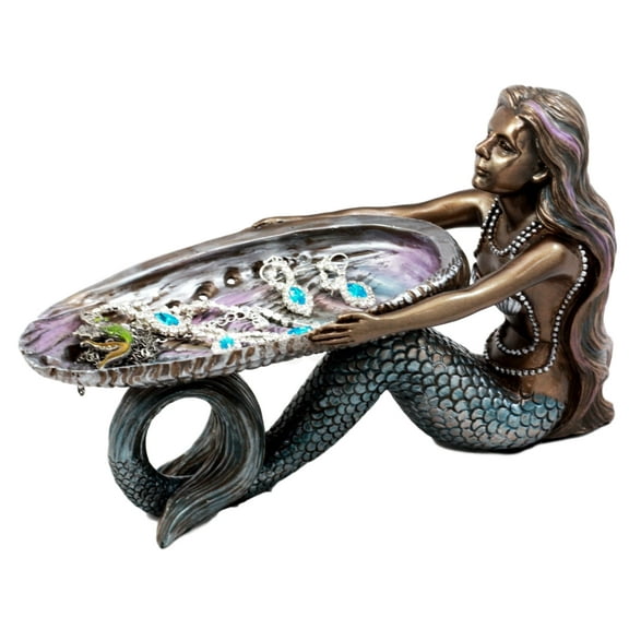 Ebros Gift Mermaid Holding Abalone Shell Platter Jewelry Dish Figurine 9"L