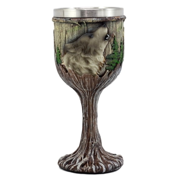 Ebros Gift Mystical Howling Gray Wolf Wine Goblet 7oz Chalice Cup In Rustic Wood Bark Roots Design