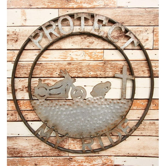 Ebros Gift Oversized 24" Wide Vintage Rustic Round Sign Braided Rope Galvanized Metal Circle Wall Decor (Praying Biker Protect My Ride)